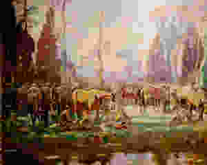 Painting by Munnings of soldiers by a river