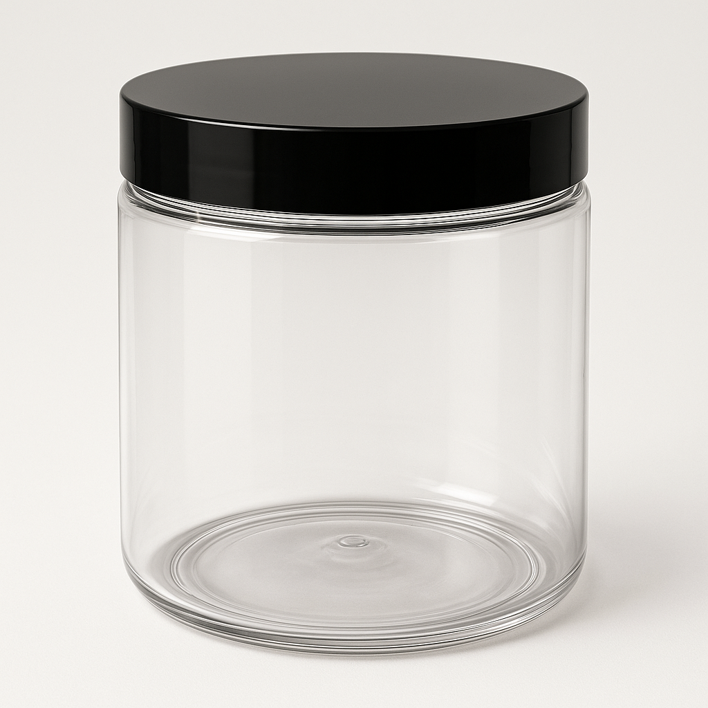 4 oz Clear Plastic Jar with Black Lid – Straight Sided, Wide Mouth