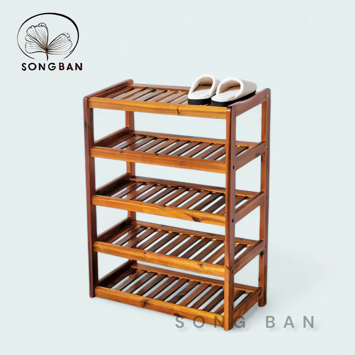 Kệ Giày Gỗ 5 Tầng Màu Nâu Ngang 64cm Nan Nghiêng - Hàng VN Xuất Khẩu
