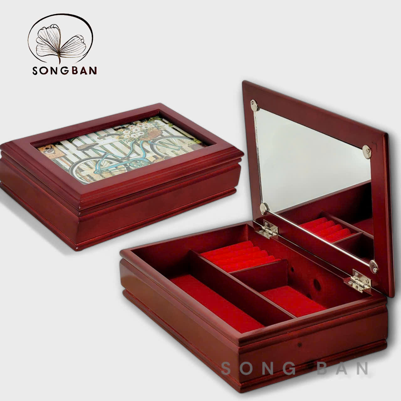 Hộp Nữ Trang Gỗ Có Gương 23x14.5 cm In Vintage Xinh Xắn - Hàng VN Xuất Khẩu