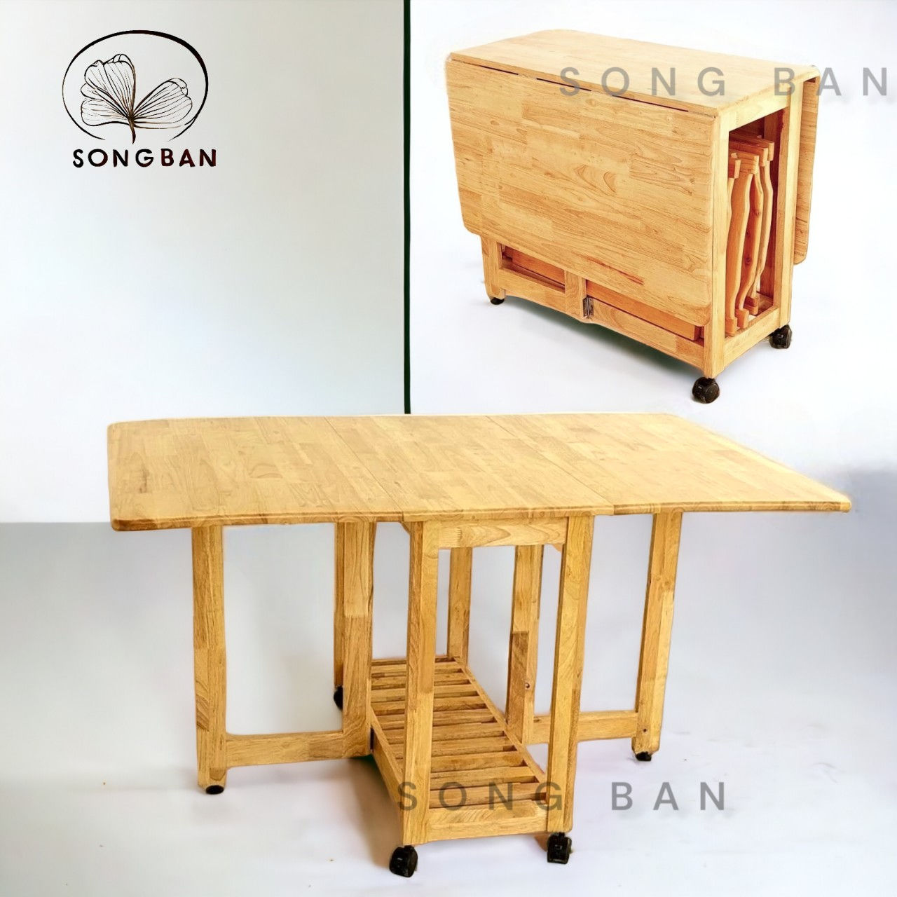Bàn Ăn Gỗ Cao Su Xếp Gọn 90x1m4 Thông Minh Dày Dặn - Hàng VN Xuất Khẩu