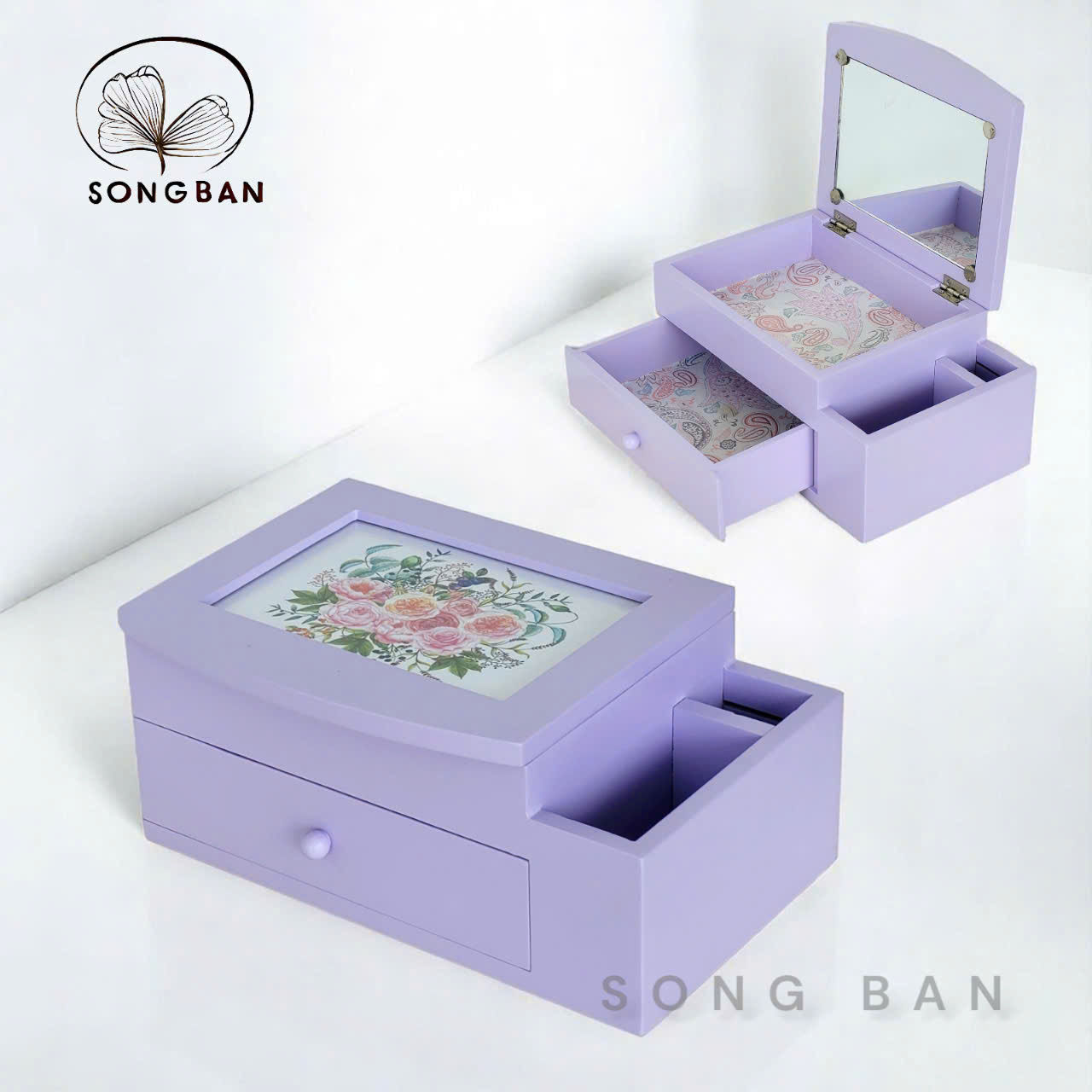 Hộp Nữ Trang Gỗ Có Gương Có Ngăn Đựng 15.5x16.5 cm Xinh Xắn Tinh Tế