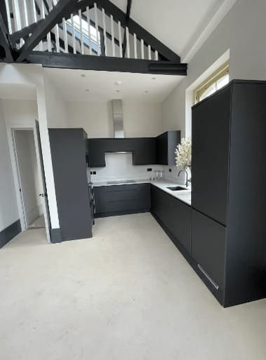 newly decorated kitchen in black and white