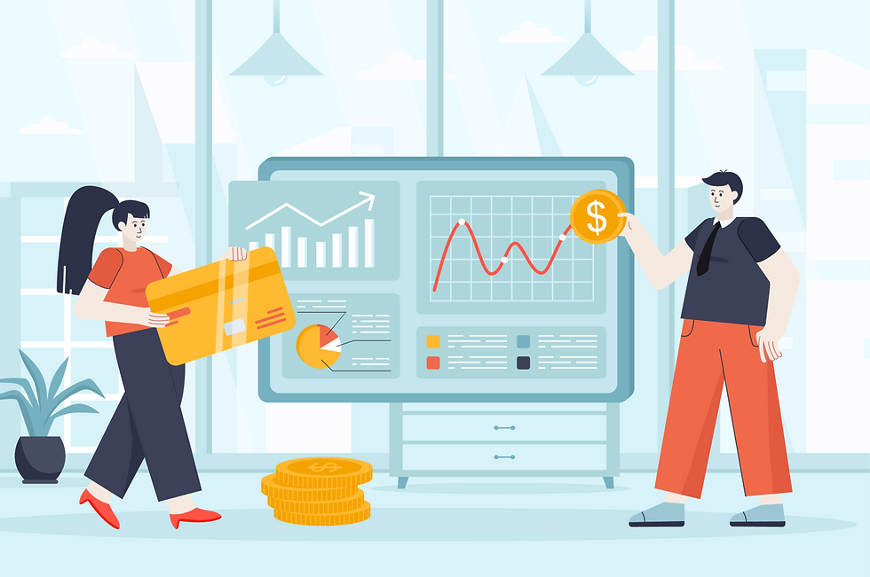 A cartoon man and a woman reviewing KPI board; woman is holding an oversized credit card & man is holding an oversized coin