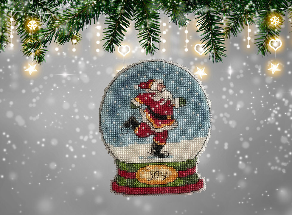 Thumbnail: Handmade Embroidered Santa Ornament: Skating Snow Globe, Cross Stitch
