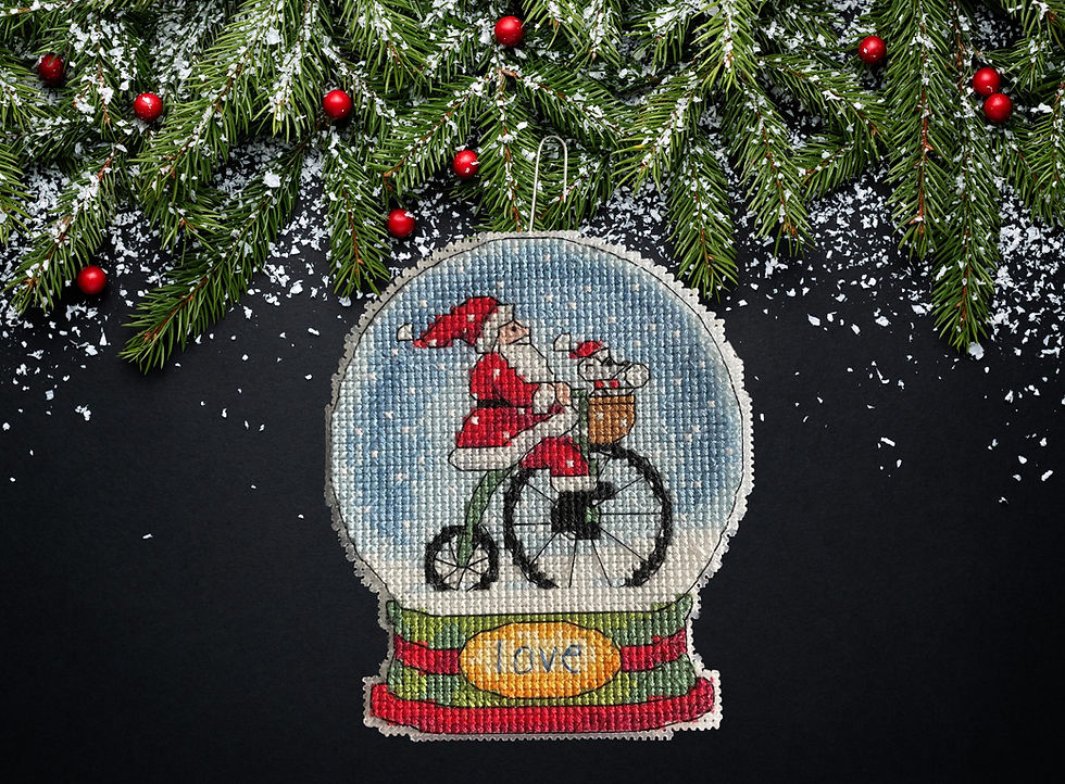 Thumbnail: Handmade Santa Biking Snow Globe Ornament: Cross Stitch Christmas Decor