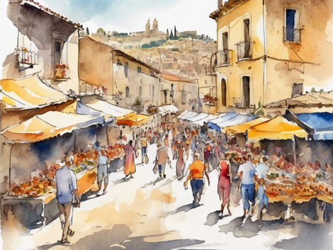 A colorful watercolor sketch or a Sicilian town during sagra