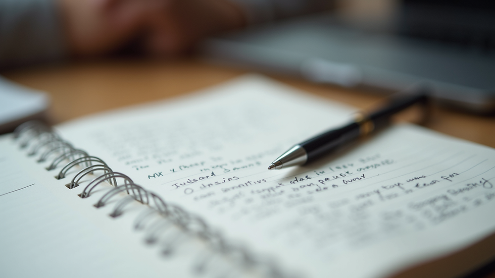 Close-up view of a notebook with handwritten notes and a pen, symbolising learning and reflection