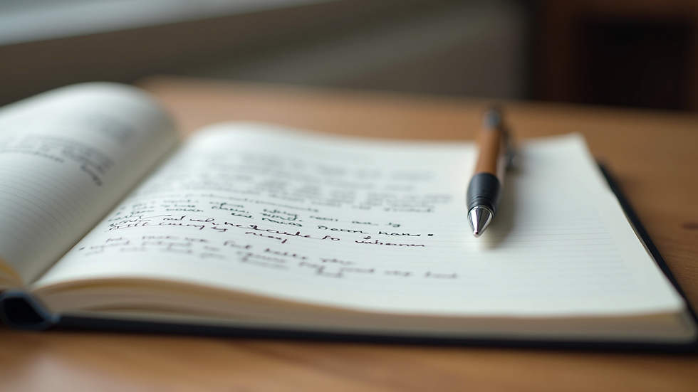Close-up view of a notebook with handwritten notes and a pen on a wooden desk