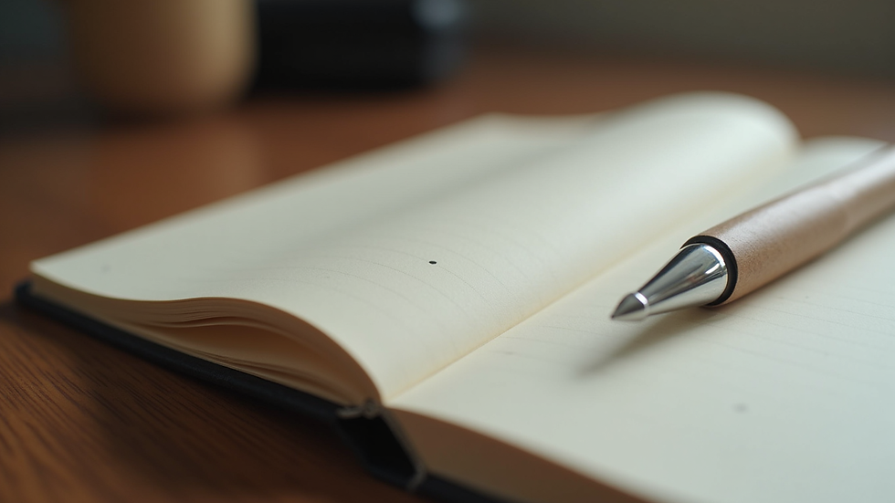 Close-up view of a journal and pen on a wooden desk