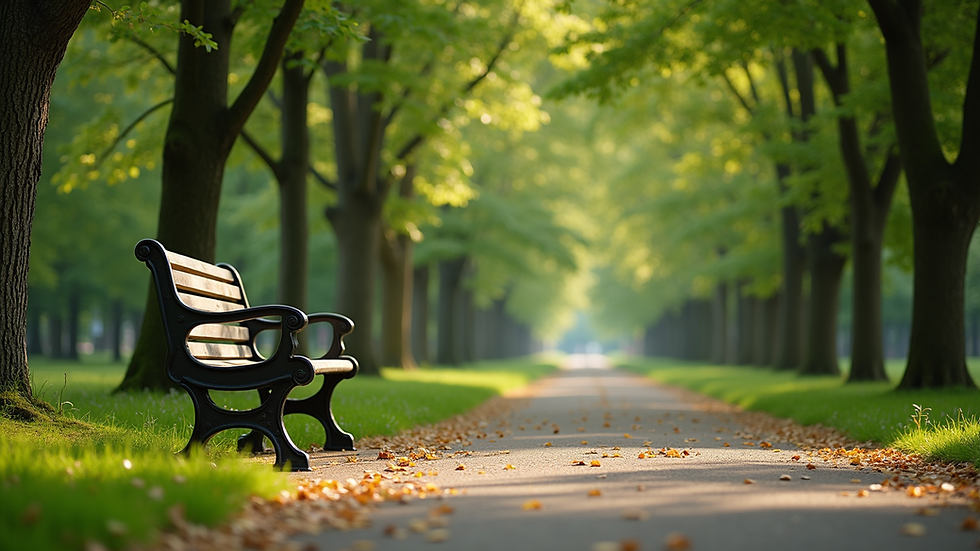 Eye-level view of a peaceful park bench surrounded by green trees