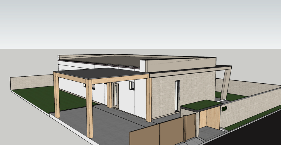 Modern architectural rendering of a house with a carport and gate design.