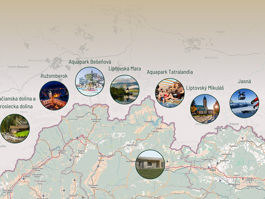 Mapa Liptova s polohou obce Vyšné Malatíny a okolitými atrakciami