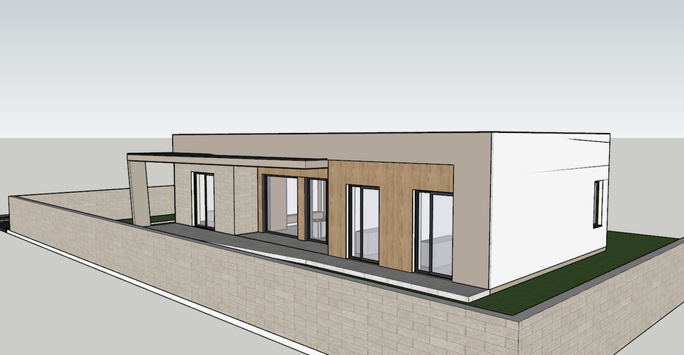 Modern house rendering with large windows and a minimalist design. Trk Building.
