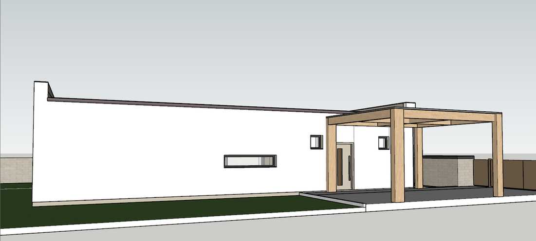 Architectural rendering of a modern house design with a carport and windows