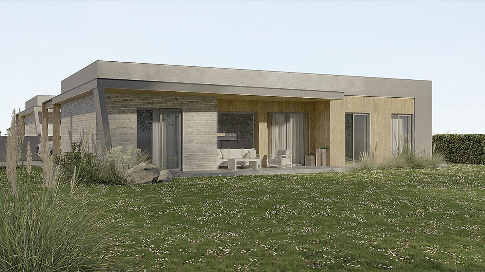 Modern house exterior with grass, view of the outdoor patio and design.