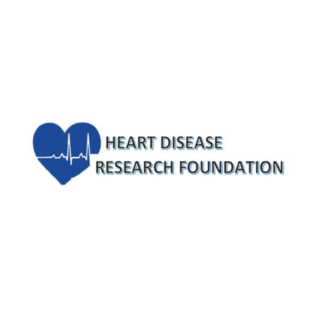 Blue heart words Heart Disease Research Foundation in black.