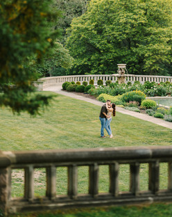 Elegant engagement photos with historic Cranbrook House architecture in Bloomfield Hills.