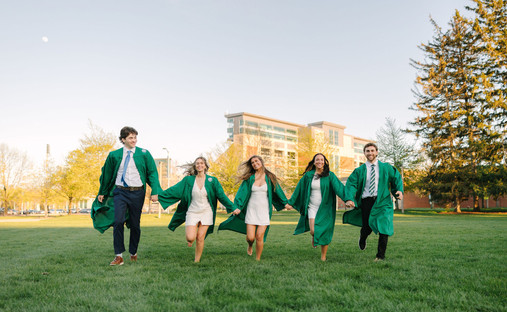 MSU graduation portraits with iconic campus landmarks