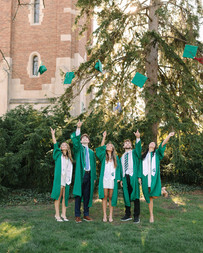Michigan State University group graduation photos at Beaumont Tower in East Lansing