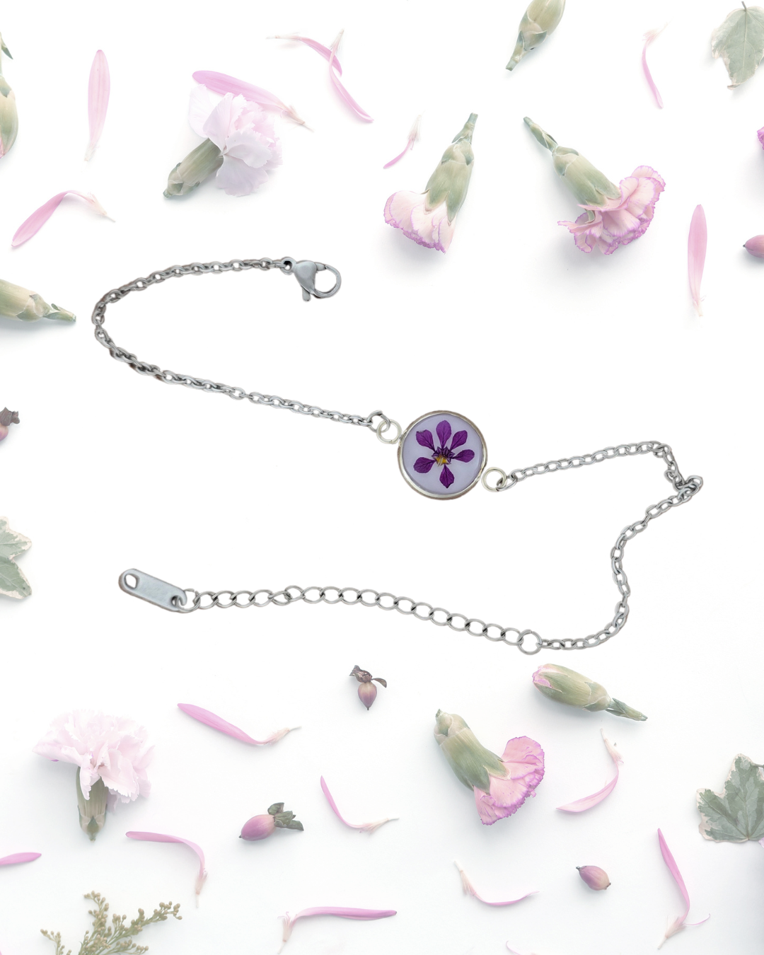 Silver White and Purple Pressed Flower Bracelet