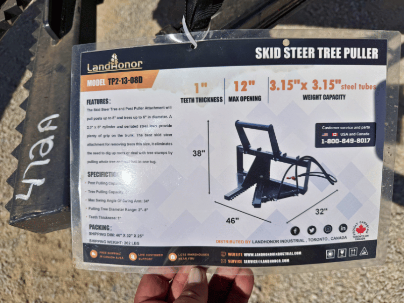 LandHonor skid steer attachment tree puller information card