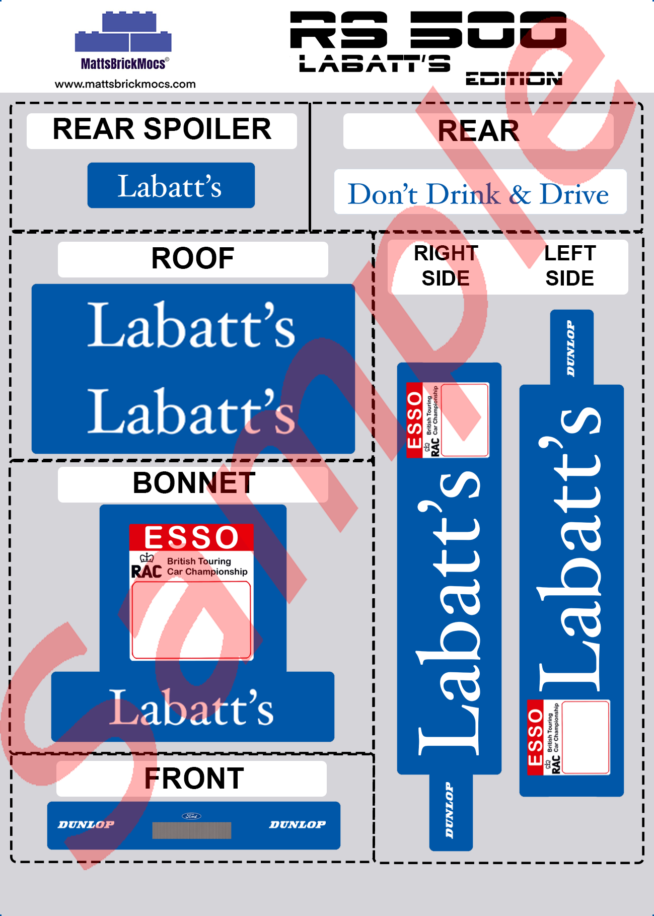 RS500 BTCC Labatts Sticker Sheet Lego