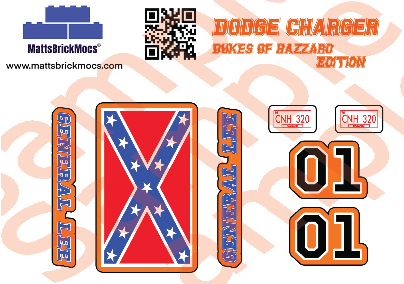 Sticker Sheet For Orange Dodge Charger General Lee Design