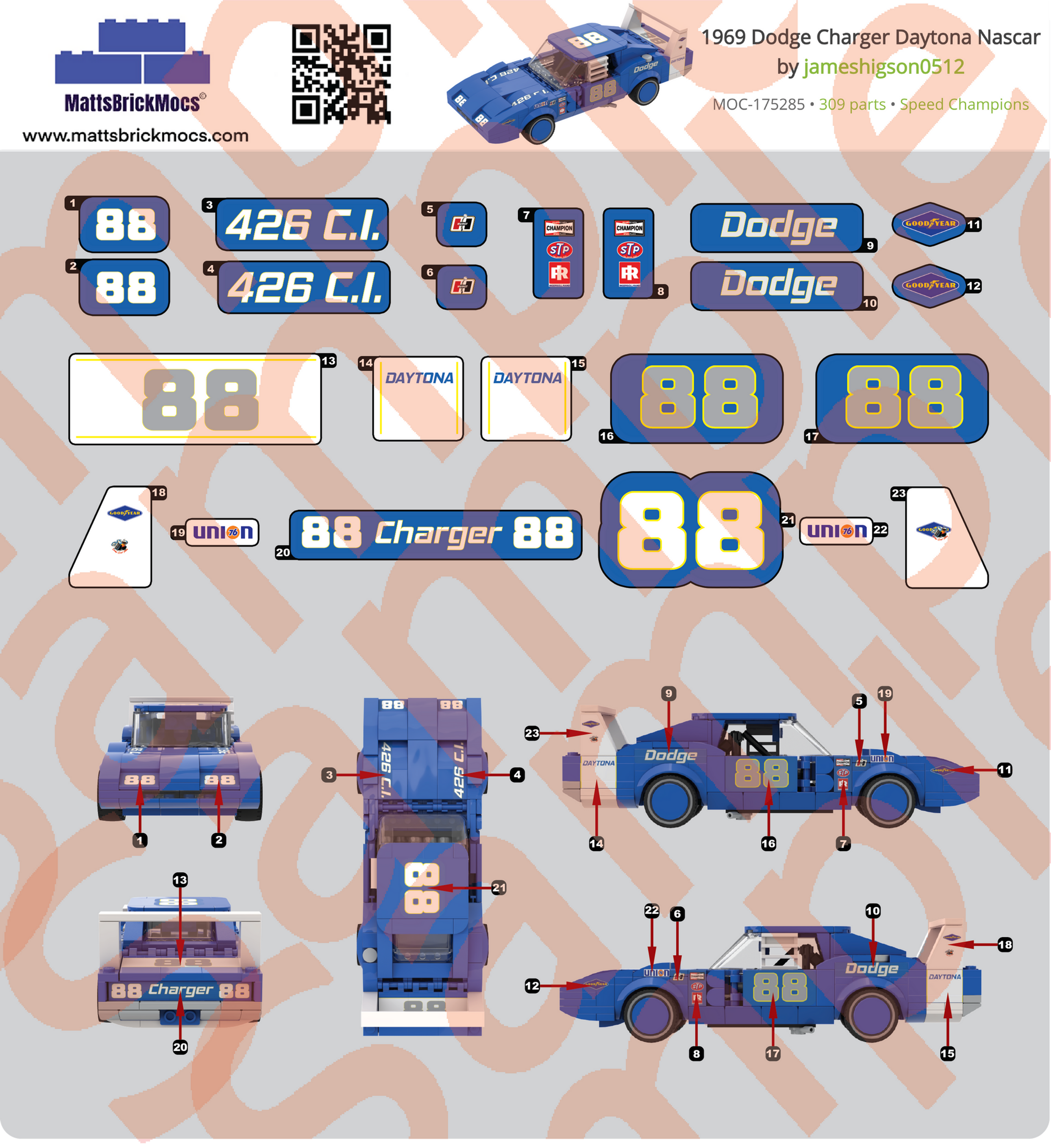LEGO Sticker Sheet for the iconic NASCAR 69 Dodge Charger Daytona MOC by James Higson