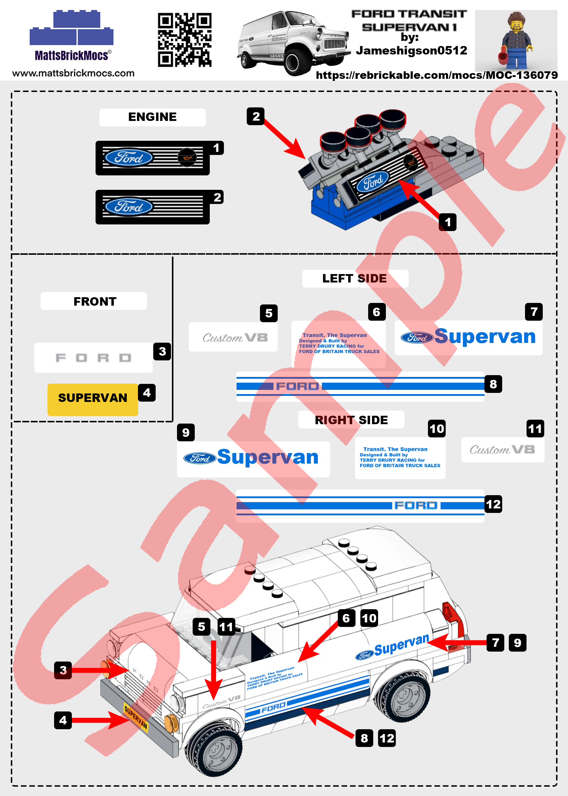 Ford Transit MK1 Supervan 1 Lego Sticker Sheet Moc 136079