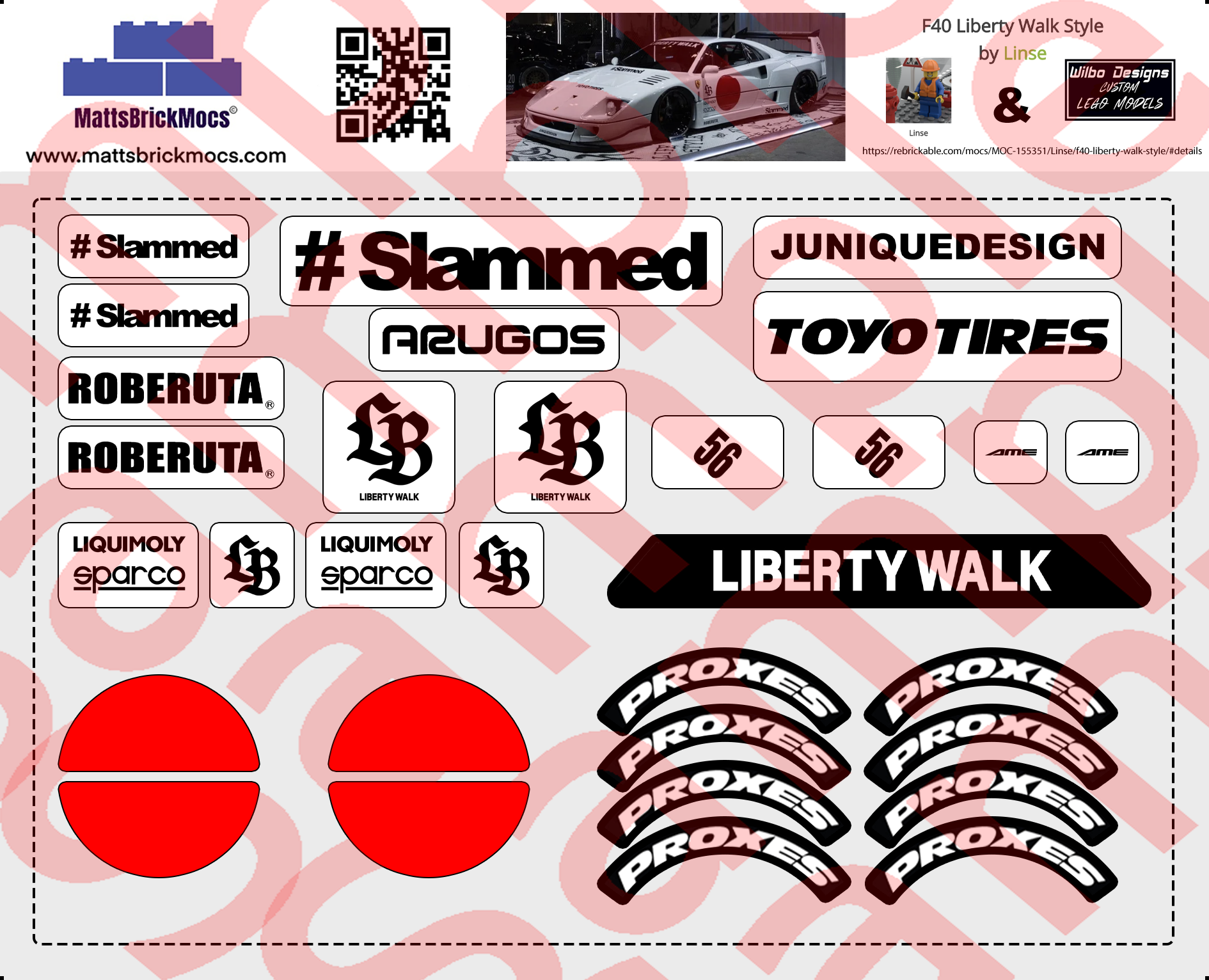 Lego Moc F-40 Liberty Walk Livery Sticker sheet Creator White