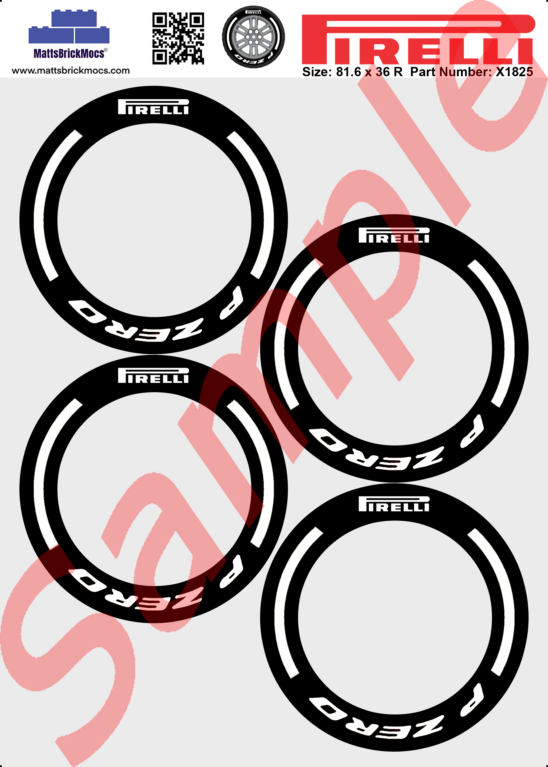 Pirelli P Zero Tyre / Tire Stickers To Fit Lego 81.6 x 36 R