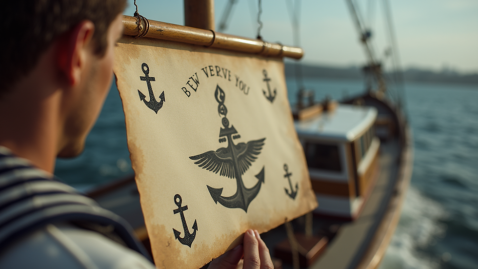 Eye-level view of a traditional sailor tattoo flash sheet with anchors and swallows