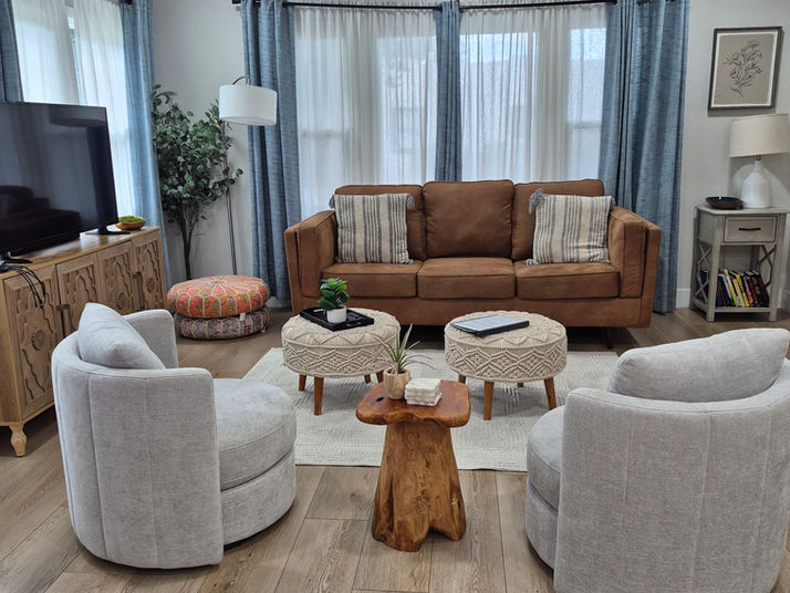 Professional staged short-term rental living room.