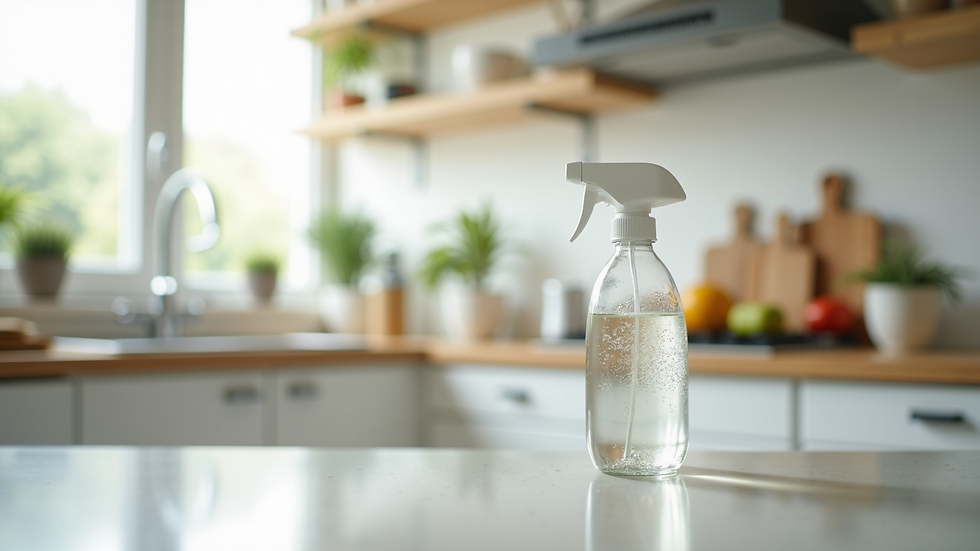Eye-level view of a clean kitchen countertop with natural cleaning products