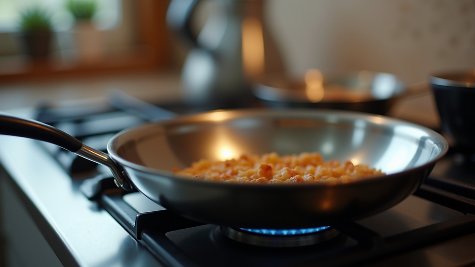Close-up view of a stainless steel frying pan on a kitchen stove