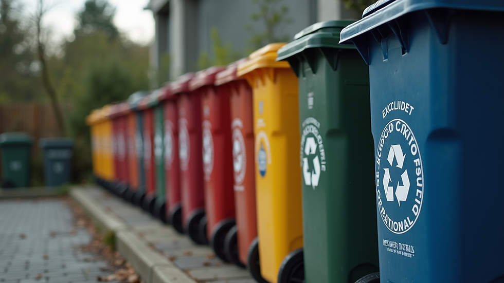 High angle view of containers labeled for excluded recyclable materials