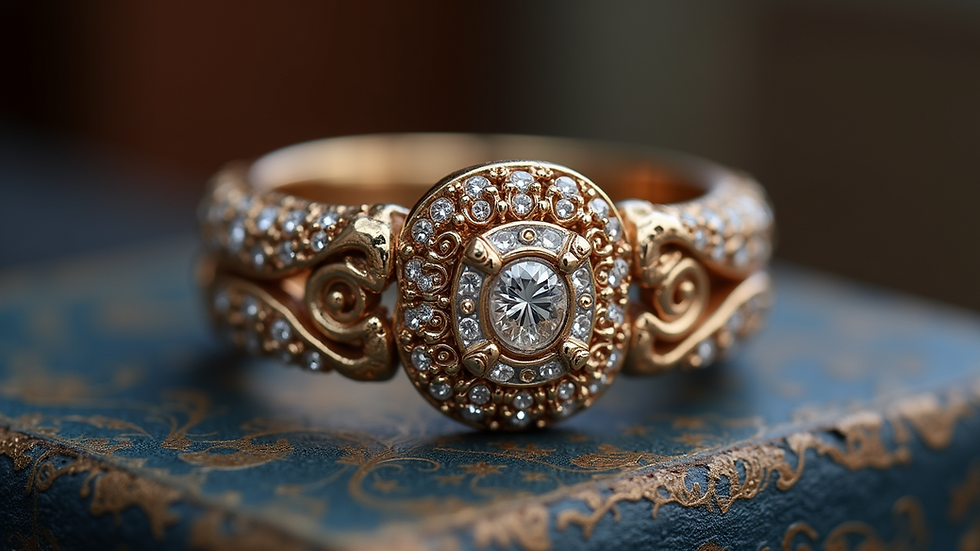 Close-up view of a jewelry piece with intricate designs