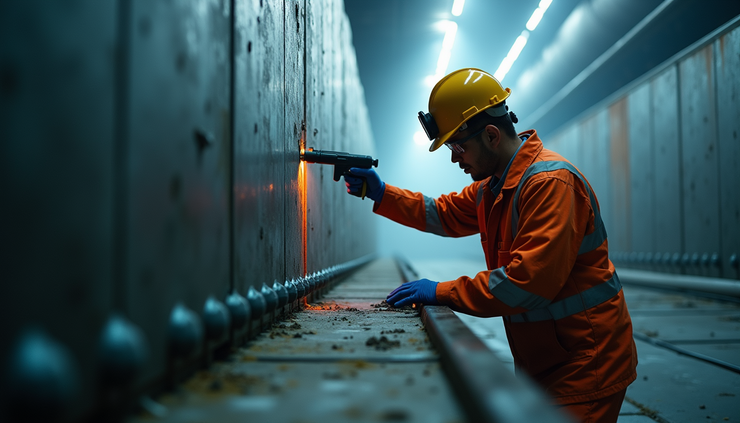 Eye-level view of technician performing ultrasonic thickness testing on underground storage tank wall