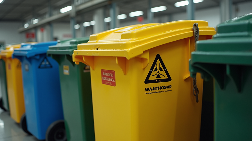 Close-up view of a hazardous waste container with proper labeling