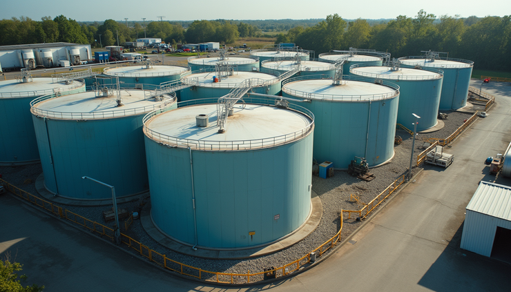 High angle view of a biodiesel storage facility with multiple tanks and safety barriers