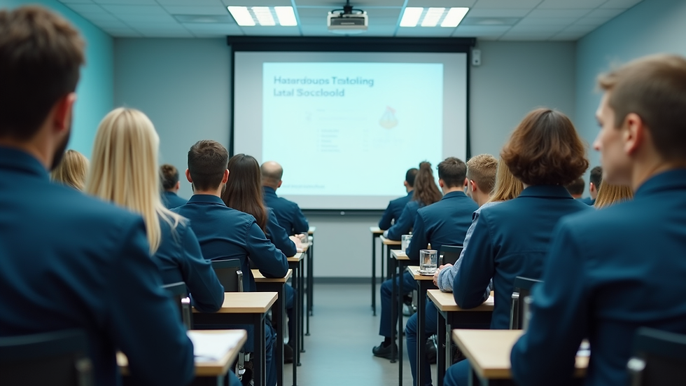 Eye-level view of a classroom with employees attending hazardous waste training