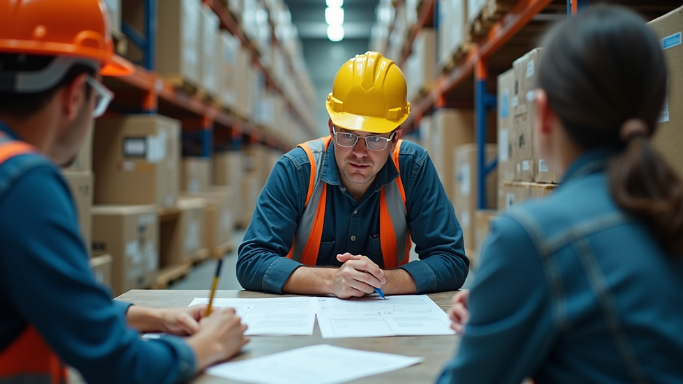 Eye-level view of a safety training session with a worker reviewing hazardous material guidelines