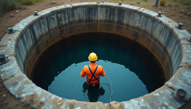 High angle view of technician inspecting underground petroleum storage tank with leak detection equipment