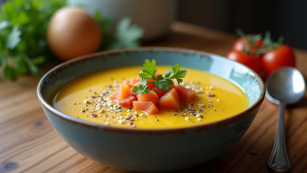 Eye-level view of a bowl of soup with visible seasoning