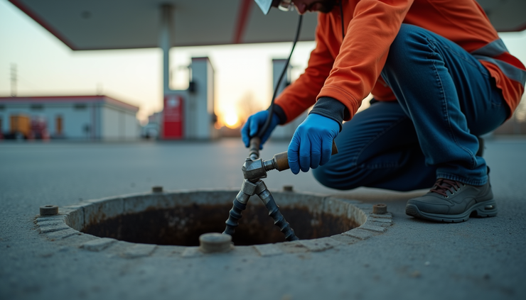 Close-up view of underground storage tank inspection equipment near a fuel station