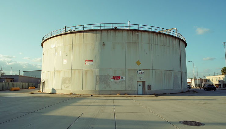 Eye-level view of an aboveground storage tank in an industrial setting