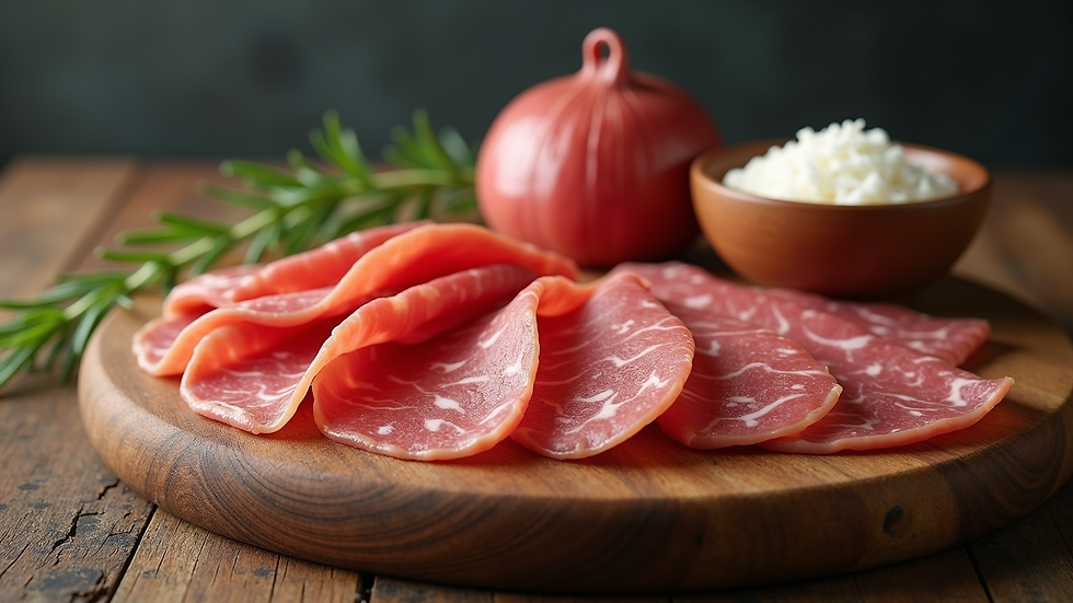 High angle view of a selection of processed meats on a wooden board