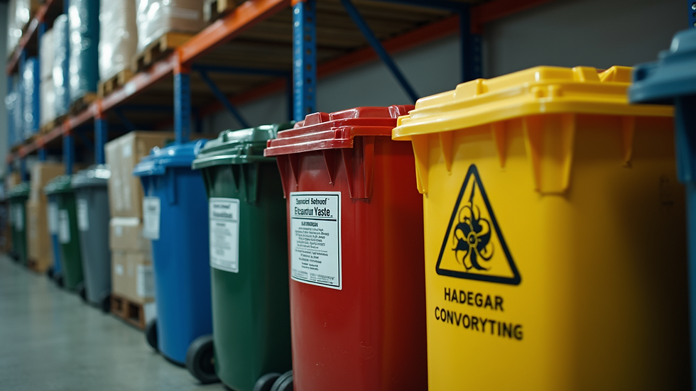 Close-up view of hazardous waste containers labeled and stored properly
