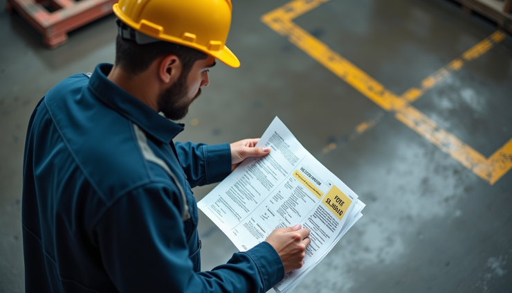 High angle view of a safety officer reviewing hazmat spill response documentation